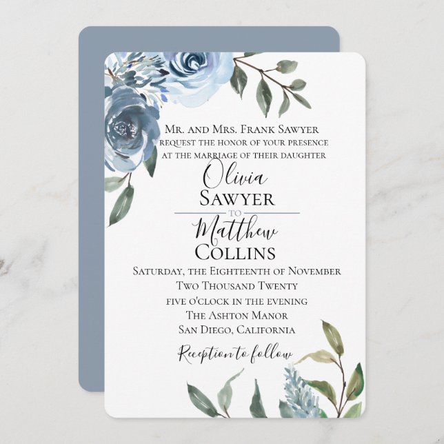 Convite para Casamento Botânico Dusty Blue (Frente/Verso)