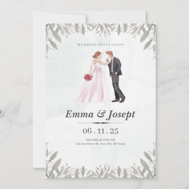 Convite para Casamento Botânico Romântico (Frente)