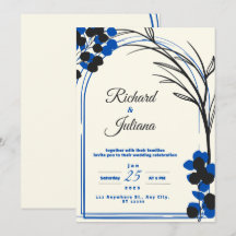 convite para casamento branco com flores azuis