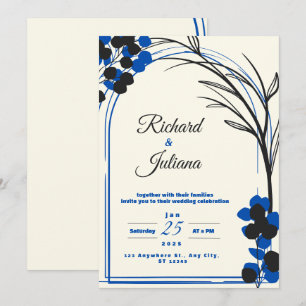 convite para casamento branco com flores azuis