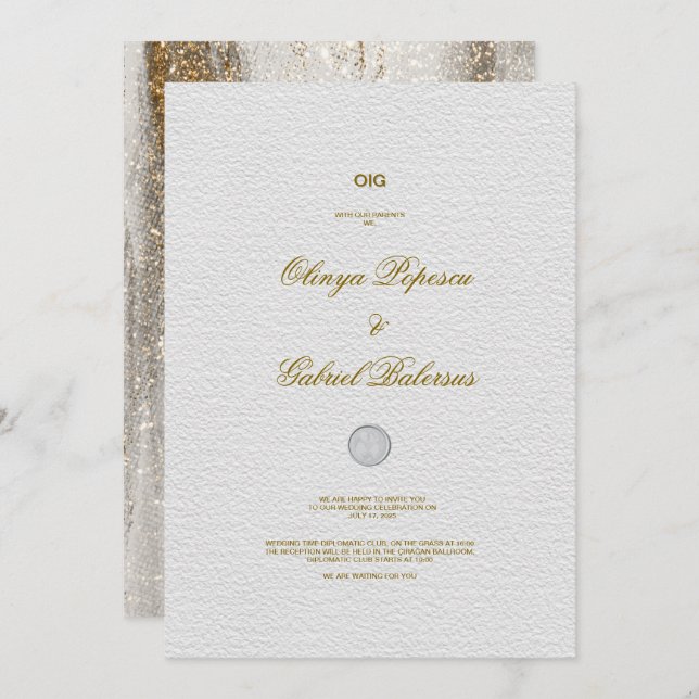 Convite para Casamento Branco com Traços Dourados  (Frente/Verso)