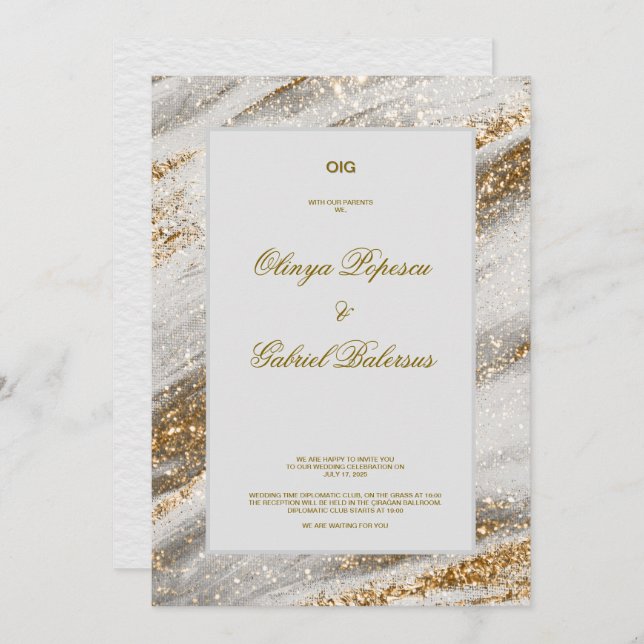 Convite para Casamento Branco com Traços Dourados  (Frente/Verso)