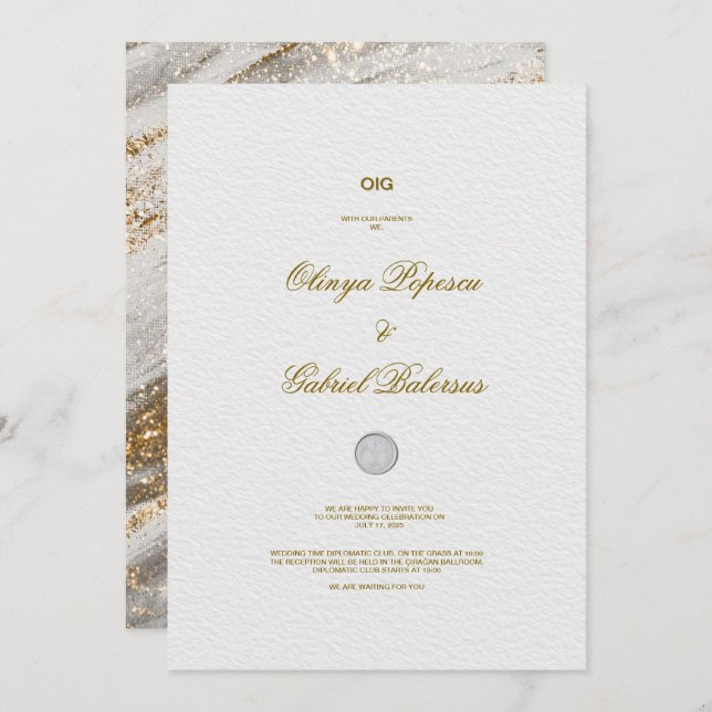 Convite para Casamento Branco com Traços Dourados  (Frente/Verso)