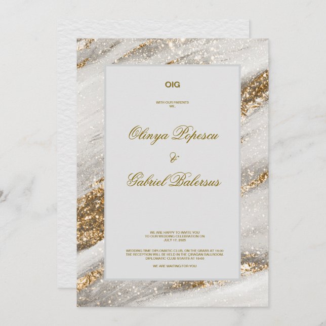 Convite para Casamento Branco com Traços Dourados  (Frente/Verso)