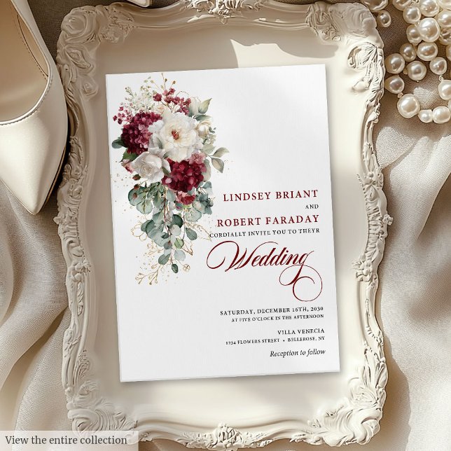 Convite para Casamento Branco da Watercolor Boho B (Watercolor Boho Burgundy White Wedding Invitation)