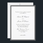 Convite para Casamento Branco de Cinzas de Script<br><div class="desc">Convite de casamento elegante com roteiro clássico e texto simples. Introdução geral: o prazer de sua empresa é pedido no casamento de...  Texto preto sobre fundo branco dentro de uma borda escura de cinzas. As costas são cinzas.</div>