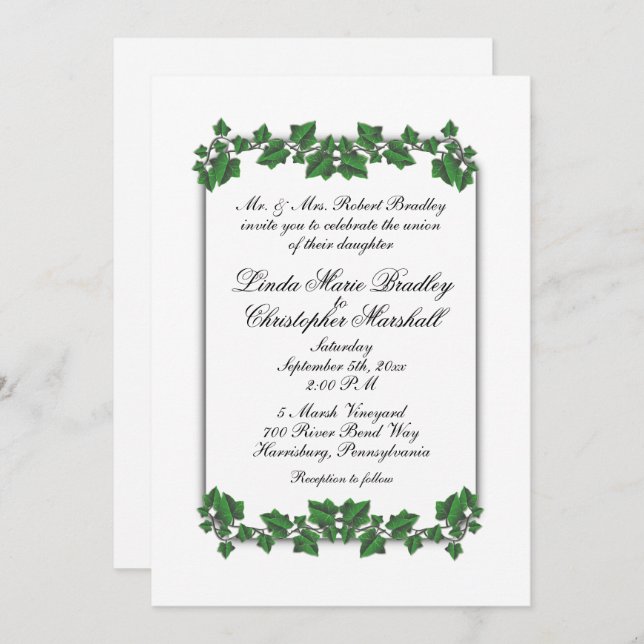 Convite para Casamento Branco de Folhas Verdes (Frente/Verso)