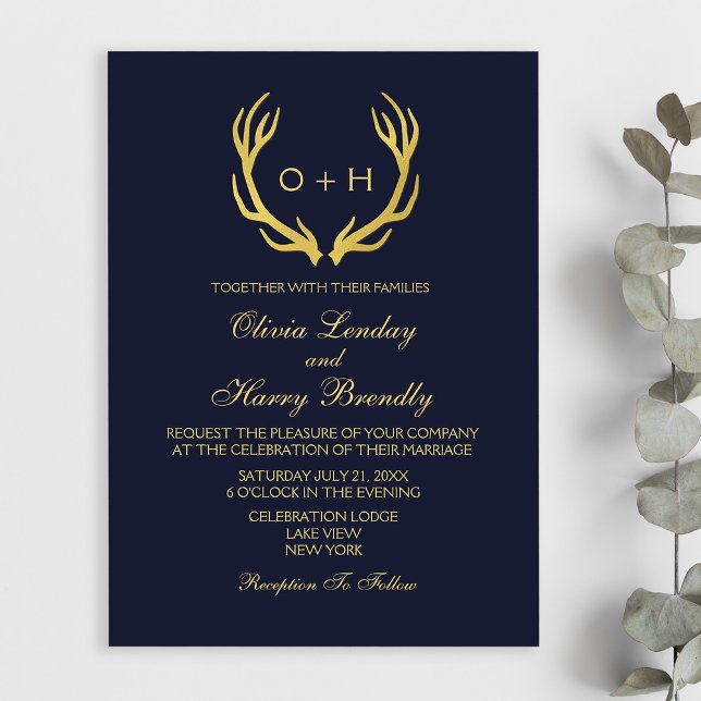 Convite para Casamento Branco do Marinho Dourado M (Stylishly Personalize with Your Monogram Initials, Names & Wedding Event Information.)