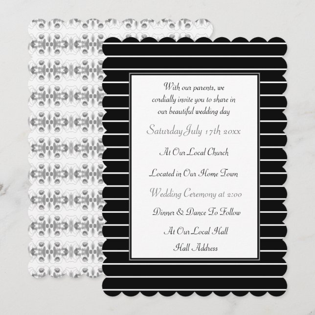 Convite para Casamento Branco e Preto Escalado (Frente/Verso)