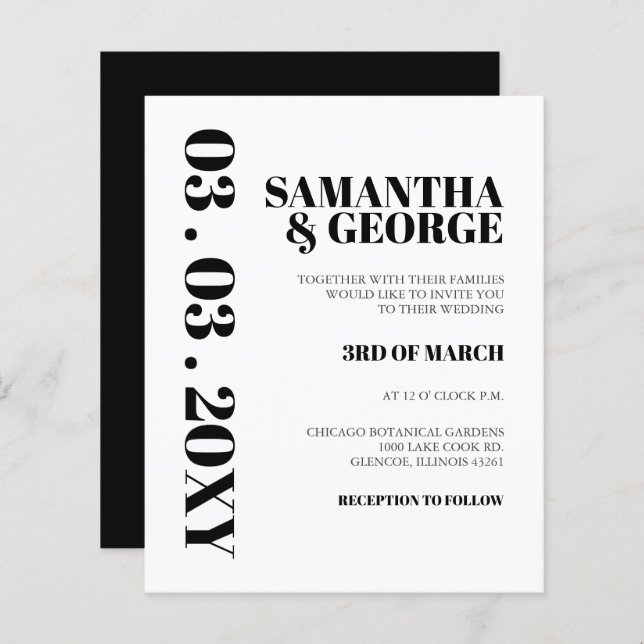 Convite para Casamento Branco e Preto Simples de O (Frente/Verso)