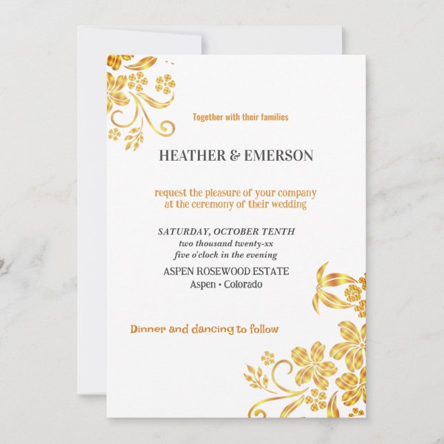 Convite para Casamento Branco Elegante Floral ouro (Frente)