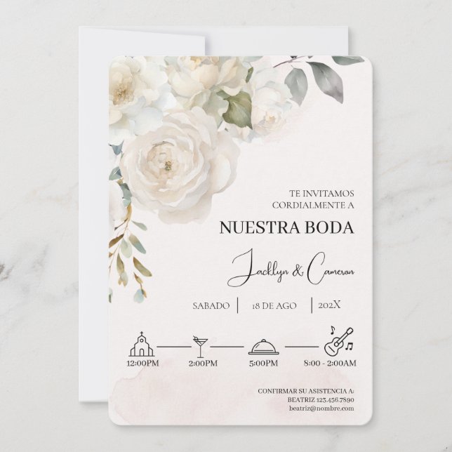 Convite para Casamento Branco Floral Espanhol (Frente)