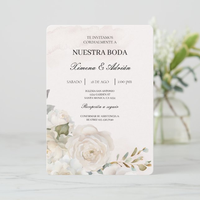 Convite para Casamento Branco Floral Espanhol (Em pé/Frente)