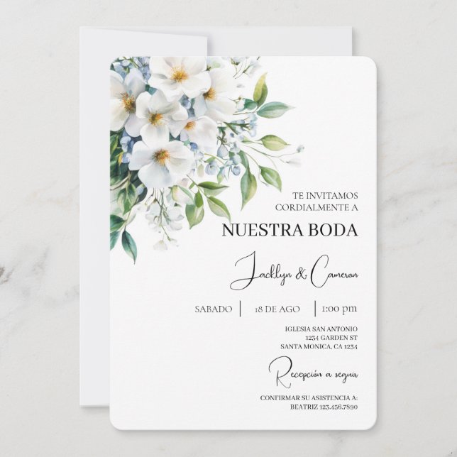Convite para Casamento Branco Floral Espanhol (Frente)