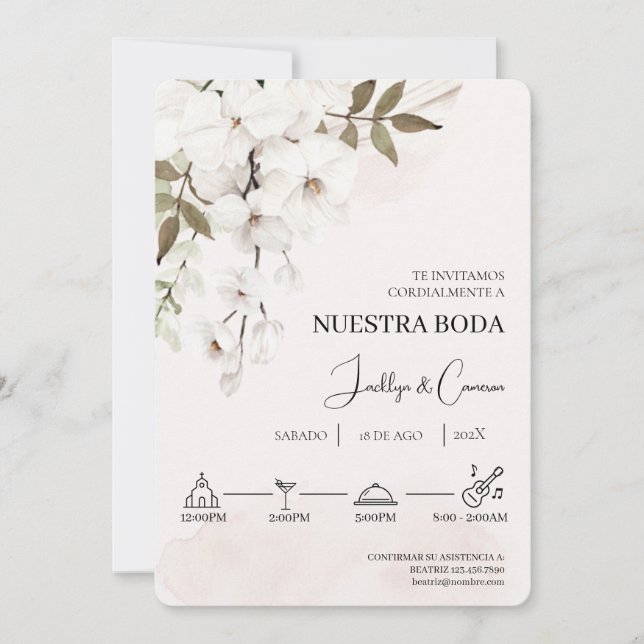 Convite para Casamento Branco Floral Espanhol (Frente)
