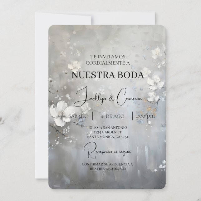 Convite para Casamento Branco Floral Espanhol (Frente)