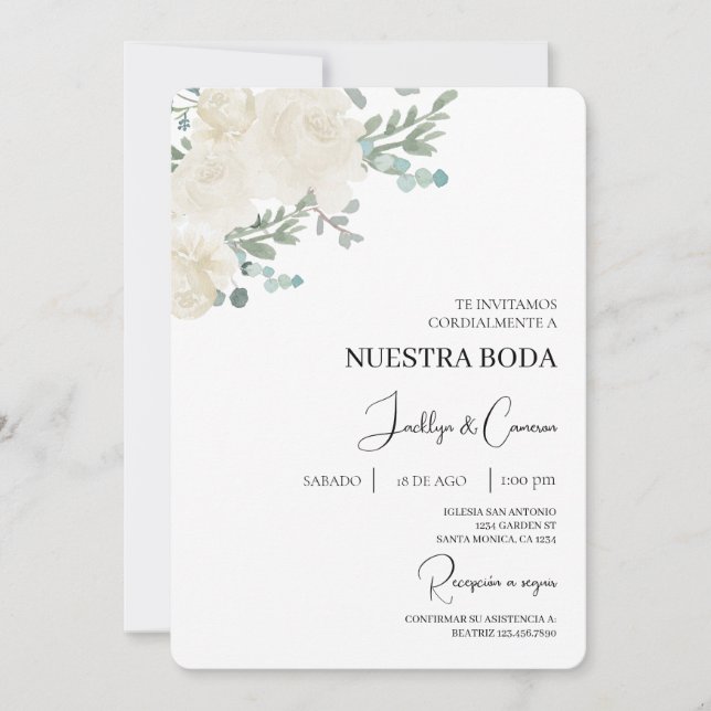 Convite para Casamento Branco Floral Espanhol (Frente)
