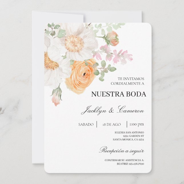 Convite para Casamento Branco Floral Espanhol (Frente)