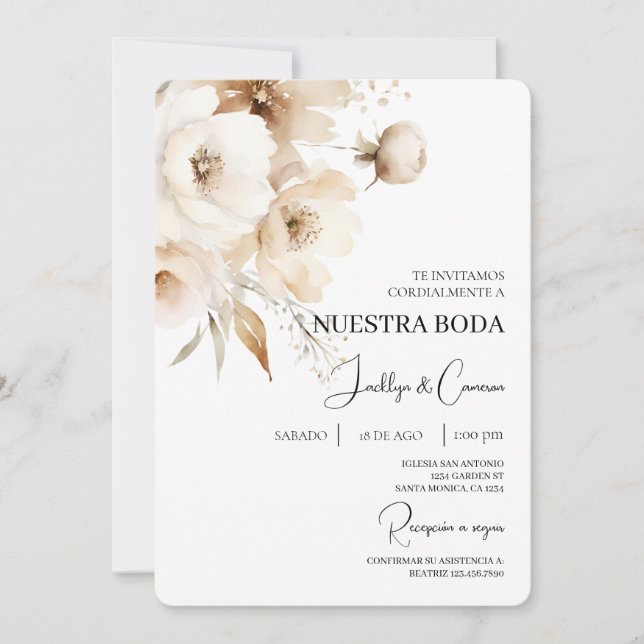 Convite para Casamento Branco Floral Espanhol (Frente)