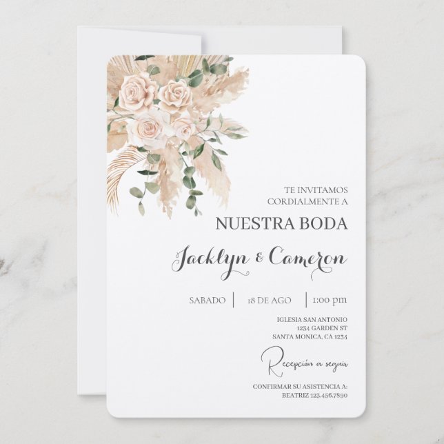 Convite para Casamento Branco Floral Espanhol (Frente)