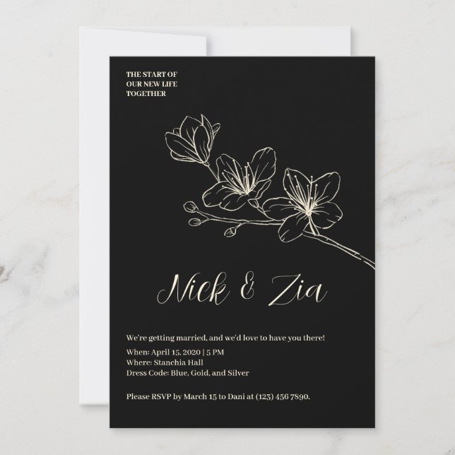 Convite para Casamento Branco Mínimo de Flor Doura (Frente)