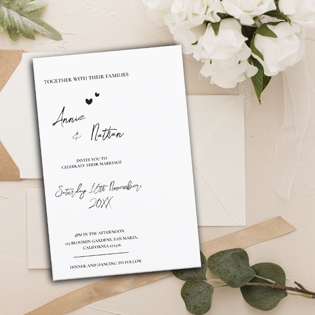 Convite para Casamento Branco Negro de Script Mini (Criador carregado)
