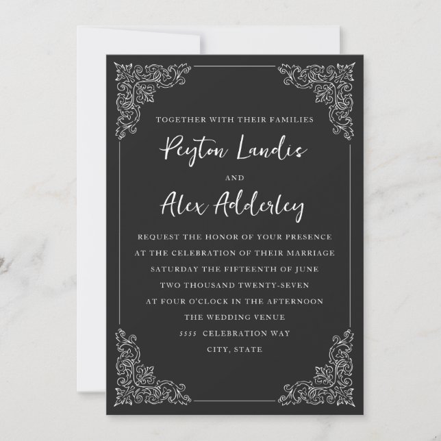 Convite para Casamento Branco Negro Elegante Vinta (Frente)