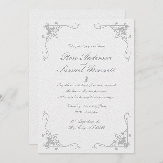 Convite para Casamento Branco Negro Quadro Barroco (Frente/Verso)