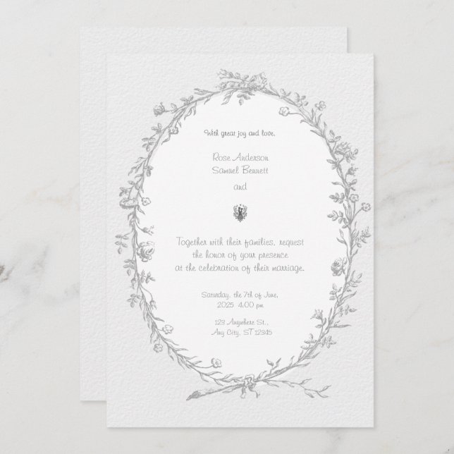 Convite para Casamento Branco Negro Quadro Barroco (Frente/Verso)