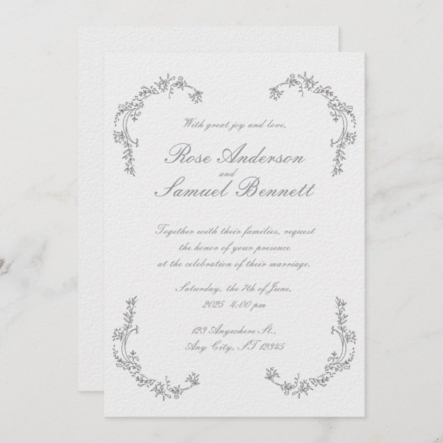 Convite para Casamento Branco Negro Quadro Barroco (Frente/Verso)