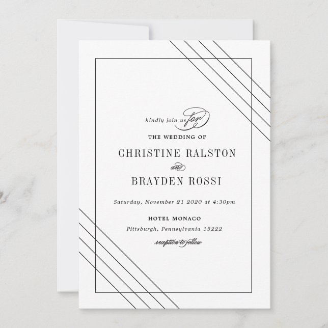 Convite para Casamento Branco Preto Art Deco (Frente)