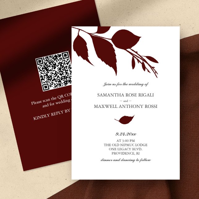 Convite para Casamento Burgundy com Código QR (QR code fall wedding invitation botanical burgundy leaves minimalistic)