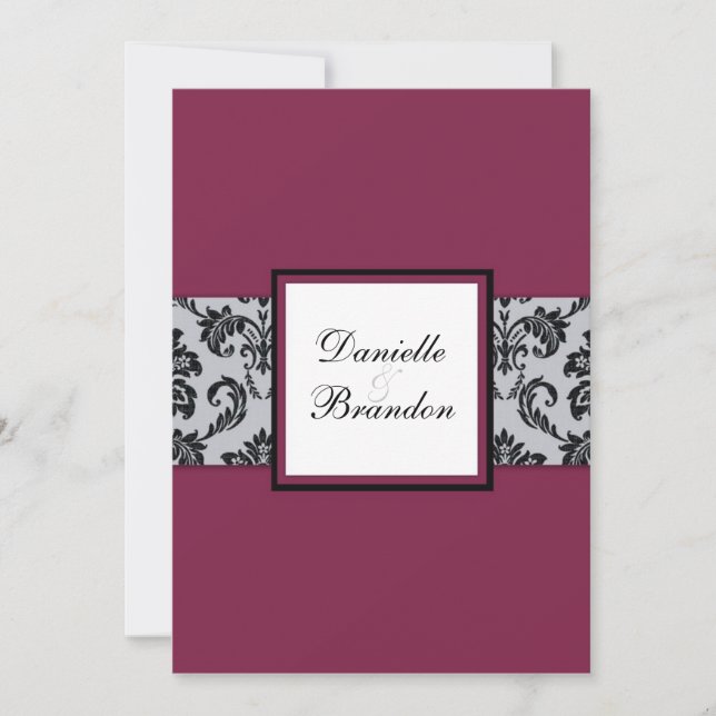 Convite para Casamento Burgundy Damask Monograma (Frente)