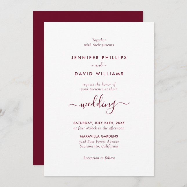 Convite para Casamento Burgundy de Script Moderno (Frente/Verso)