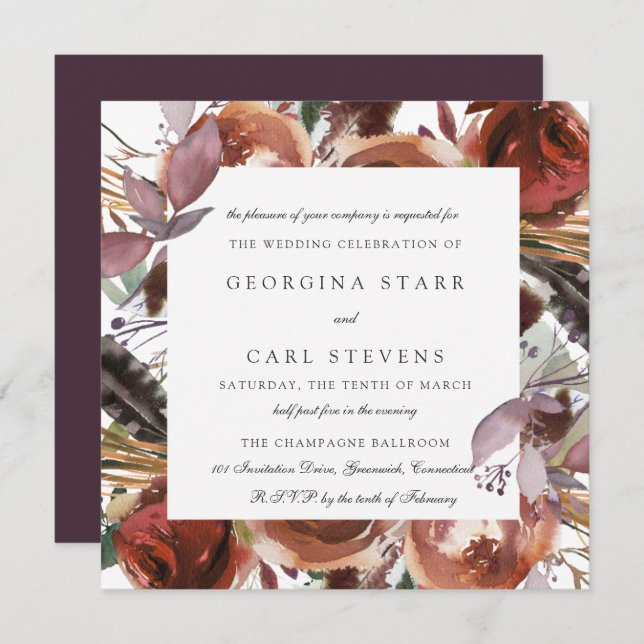 Convite Para Casamento Butterum & Plum | Quadrado (Frente/Verso)
