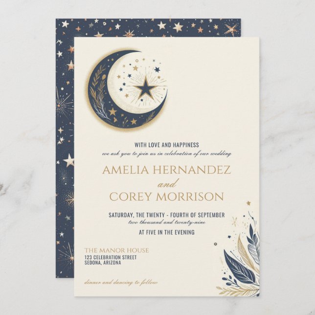 Convite para Casamento Celestial Azul e Dourado (Frente/Verso)