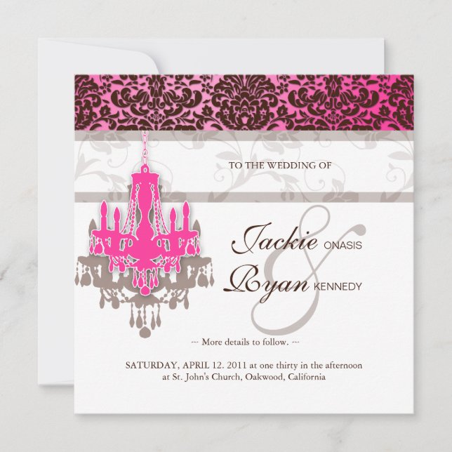 Convite para Casamento Chandelier Pink Brown Damas (Frente)
