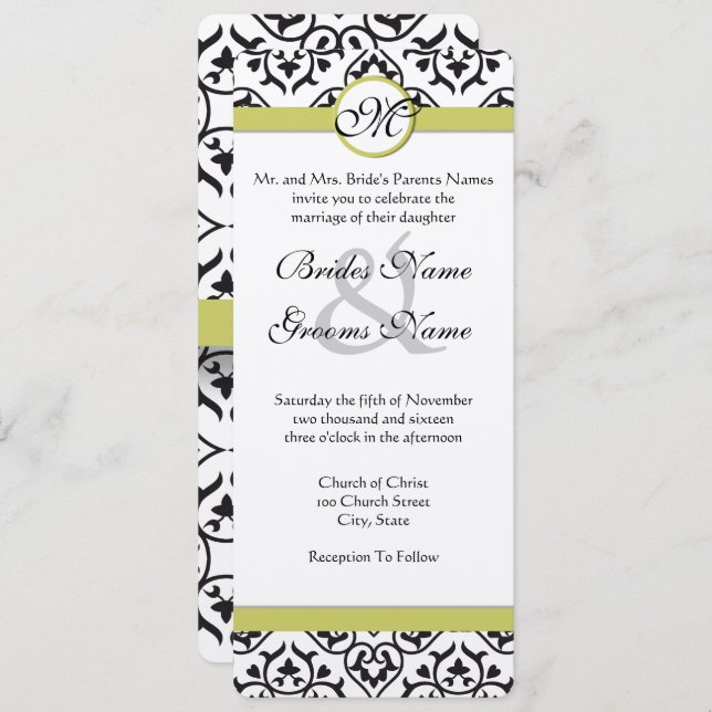 Convite para Casamento Chartreuse Damask Monograma (Frente/Verso)