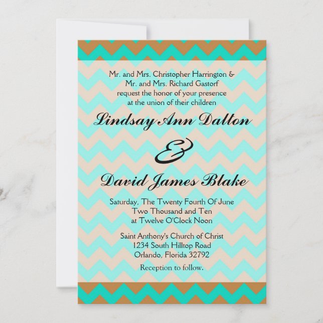 Convite para casamento Chevron Brown & Seafoam 5x7 (Frente)