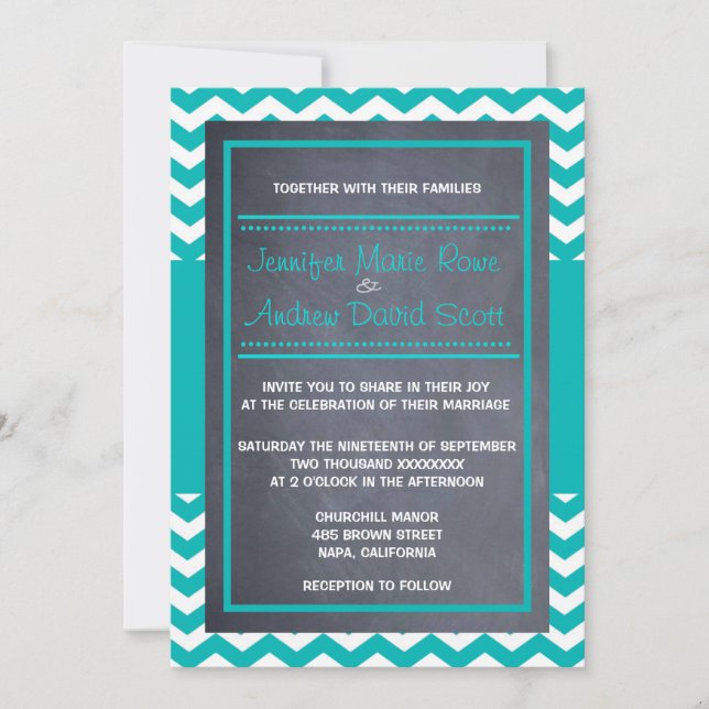 Convite para Casamento Chevron Teal (Frente)