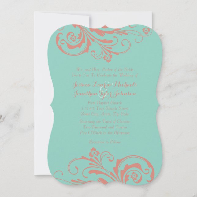 Convite para Casamento Chic Coral e Mint Floral (Frente)