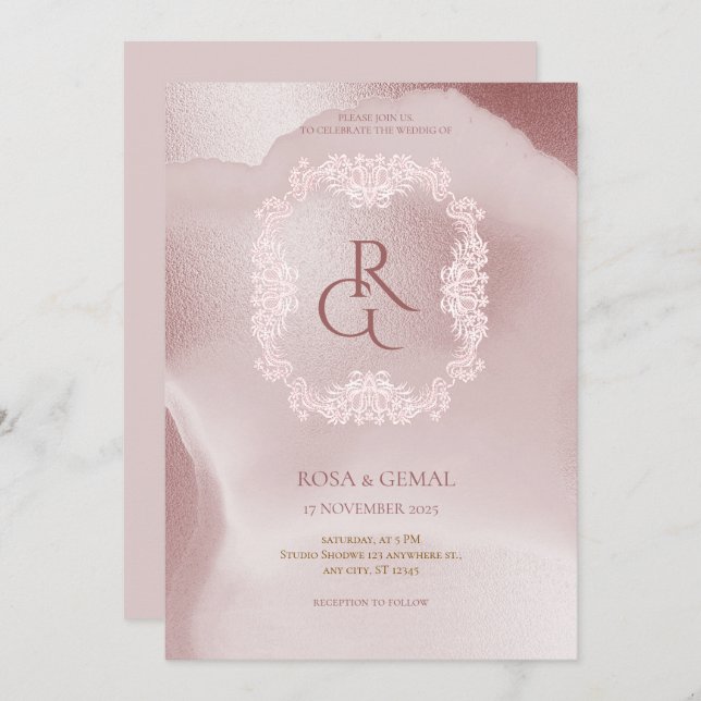 Convite para Casamento Chic rosa Elegante (Frente/Verso)
