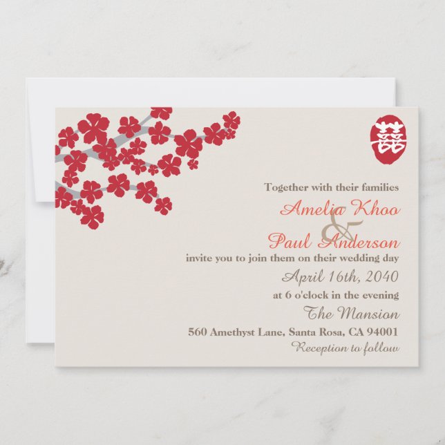 Convite para Casamento Chinês de Felicidade Dupla (Frente)