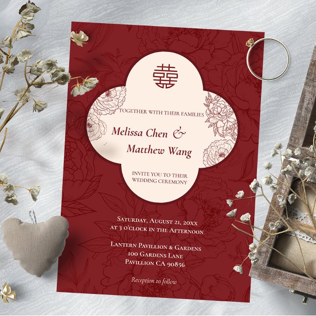 Convite para Casamento Chinês Floral de Lace Elega (Elegant Lace Floral Chinese Wedding Invitation)