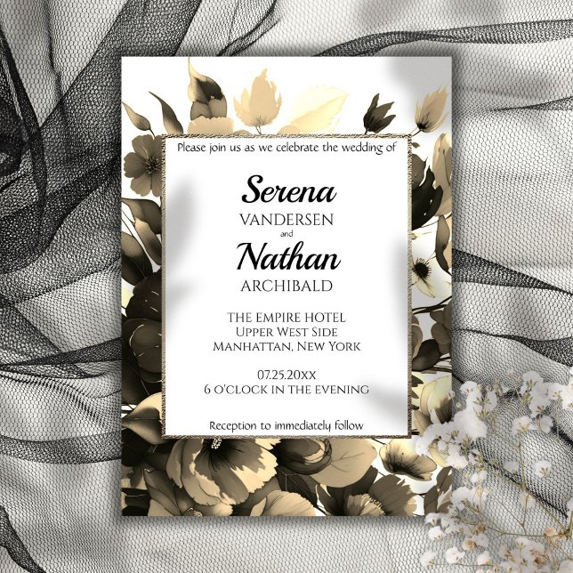 Convite para Casamento Clássico Dourado de Flores  (Classic style with a modern twist on the floral wedding invitation with sepia tones and gold framing)