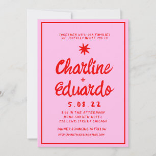 Convite para casamento com a letra Retro-Rosa e a