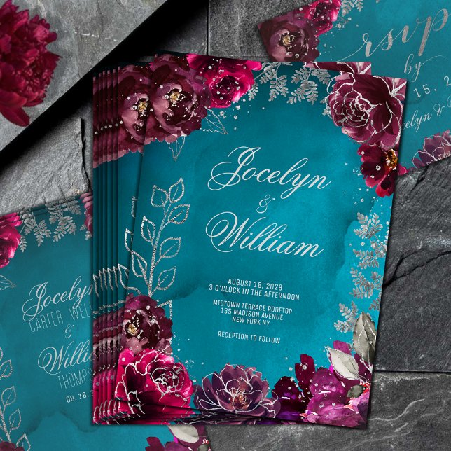 Convite Para Casamento Com Aqua Teal Merlot Jewel  (Aqua Teal Merlot Jewel Tone Wedding Invitation)