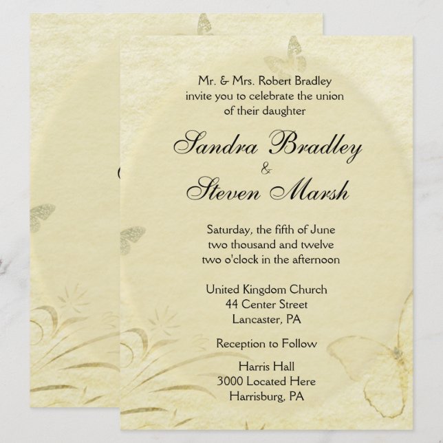 Convite para Casamento com Borboleta Vintage (Frente/Verso)