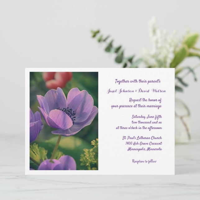 Convite para Casamento com Flor Roxo (Em pé/Frente)