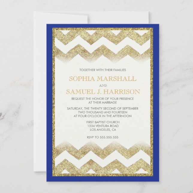 Convite para Casamento com Glitter Dourado Chevron (Frente)